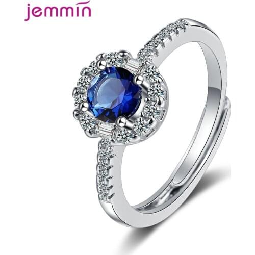 Genuine 925 Sterling Silver Open Size Blue CZ Crystal Elegant Female Finger Ring For Women Adjustable Fine Jewelry Anillo