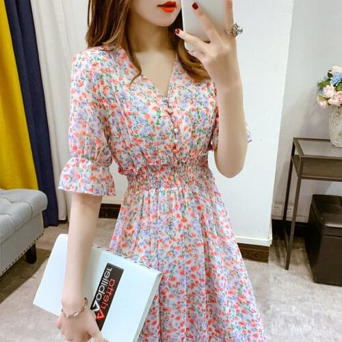 Woman Dress Summer Chiffon Floral Dress Dress Summer 2021 New V-neck Dress Short Sleeve Dress Vestido De Mujer