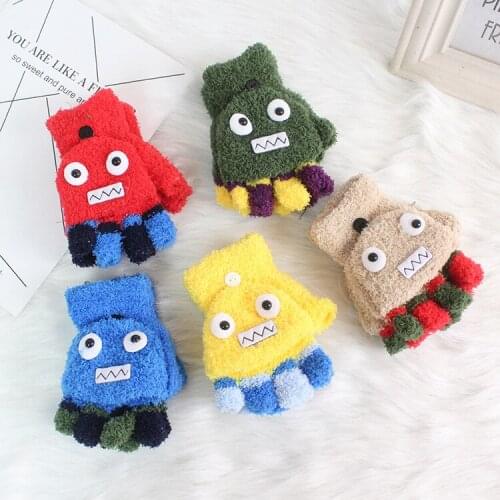 Winter Thick Coral Velvet Knitted Warm Gloves Children Cute Cartoon Student Korean Version of The Glove Girl Fingerless Gloves