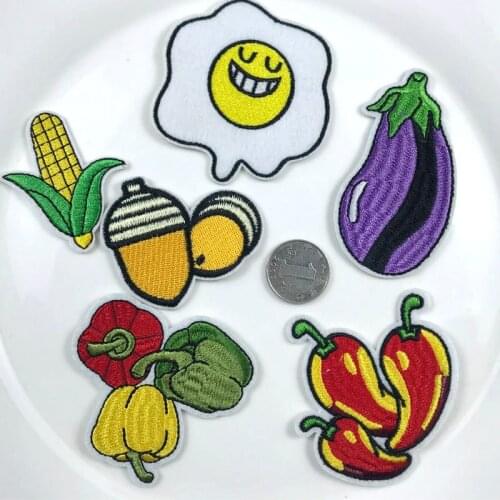 2PC Cartoon Vegetable Embroidery Iron on Patch Fruit Pepper Eggplant Food Children Clothing Hole Back Gum DIY Sewing Supplies