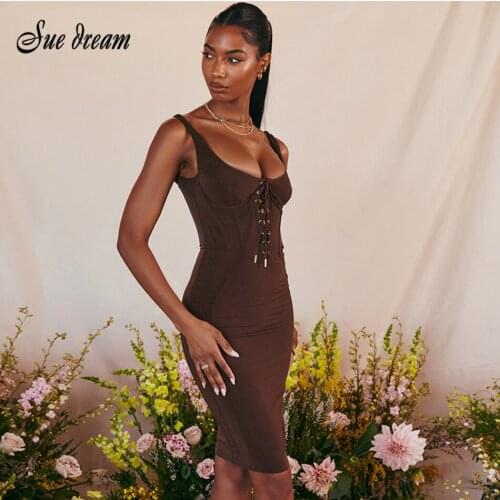 2021 Summer High Quality Chocolate Color Bodycon Dress Sexy Spaghetti Strap Front Lace-Up Backless Celebrity Party Dress Vest