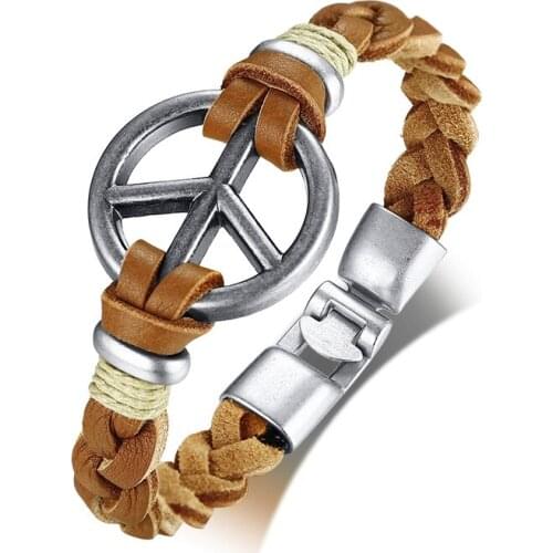 2021 Alloy Material Woven Peace Sign Leather Anti-war Creative And Personality And Fashion Bracelet For Mens Jewelry