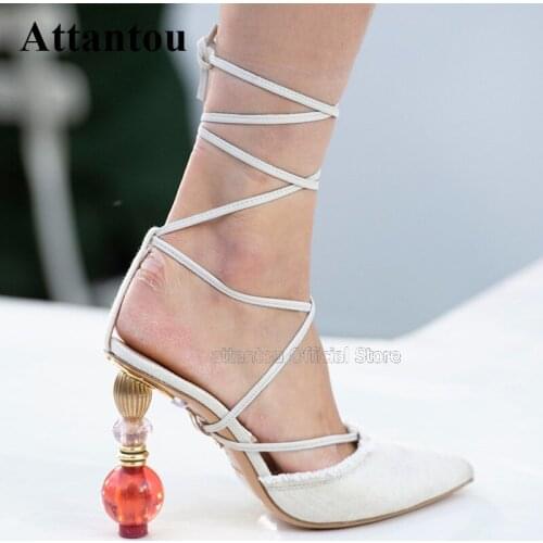 Lace Up Bandage Strange High Heel Sandals Woman Pointed Toe Beads Party Shoes Ladies Sexy Cross Tied Strap Gladiator Sandals
