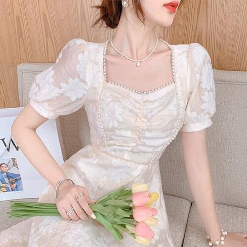Elegant Fairy Dresses Women French Vintage Floral Princess Midi Dress Casual Kawaii Short Sleeve Party Dress Summer 2021