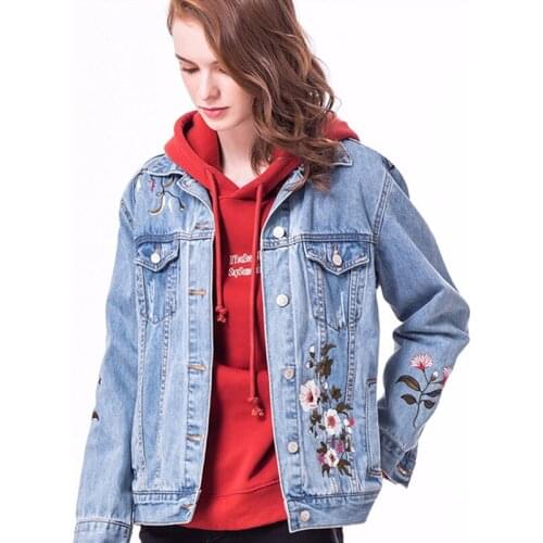 Cotton Women Denim Jacket Embroidery Flora Autumn Spring Plus Size Casual England Outwear Ladies Female Jeans Coat Windbreaker