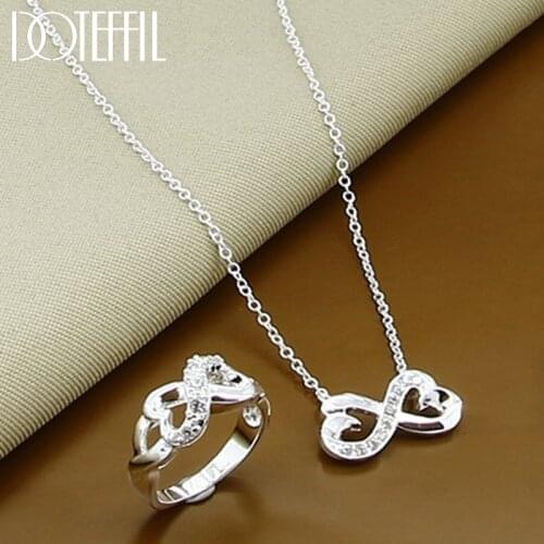 DOTEFFIL 925 Sterling Silver AAA Zircon Double Heart Necklace Ring Set For Woman Wedding Engagement Party Fashion Charm Jewelry
