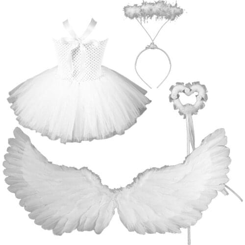 Toddler Baby Girls Angel Costume Set White Sleeveless Tutu Dress Faux Feather Wings Halo Headband Fairy Wand Role Play