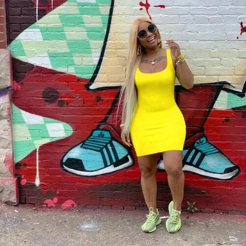 Summer New Sexy Casual Knit Womens Yellow Green Orange Red Black U Collar Sleeveless Tight Mini Short Dress