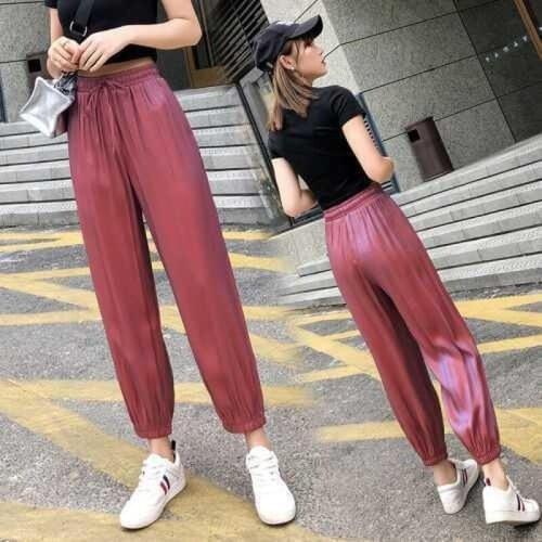 2021 Summer Korean Drawstring Satin Sports Running Harem Pants Casual High Waist Trousers Women Harajuku Chic Streetwear X112