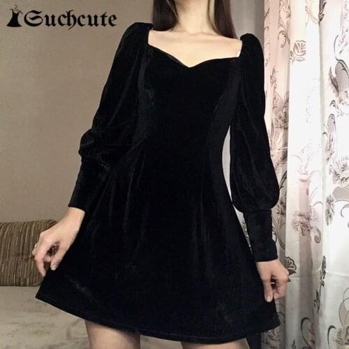 SUCHCUTE Gothic Skinny Long Sleeve Mini Dress For Women 2021 Spring Party Clubwear Velvet Dresses Harajuku Elegant Sukienki