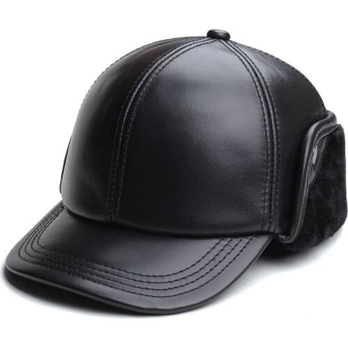 Mens Real Leather Baseball Cap Middle-Aged And Old Peoples Ear Protection Winter Warm Russian Hat