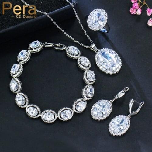 Pera High Quality 4Pcs Shiny Cubic Zirconia Big Ovals Shape Necklace and Earrings Bracelet Ring Set for Women Prom Jewelry J259