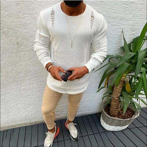 New Fashion Mens Thermal Cotton O Neck Skivvy Ripped Destroyed Sweater Long Sleeve Causal Shirt Tops White