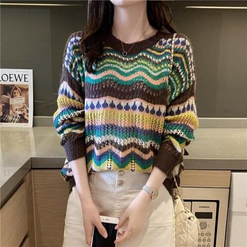 New Autumn Long Sleeve Vintage Openwork Sweater Womens Pullover O-Neck Thin Loose Sweater Warm Outwear