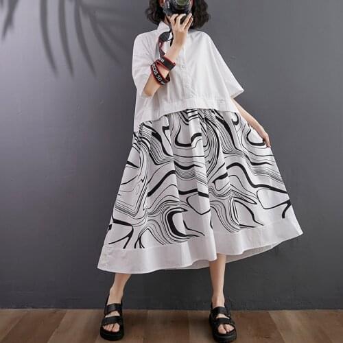 Blouse Dress 2021 New Arrival Patchwork Print Fashion Korea Style Girls Summer Dress Linen Women Travel Casual Midi Dress