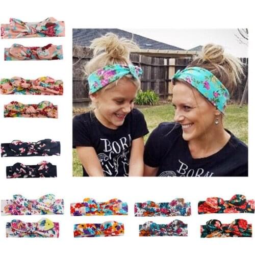 2Pcs Mom & Baby Headbands Mother Baby Turban Mom Daughter Bunny Ears Hairband Parent-Child Floral Print Hair Accessories Elastic