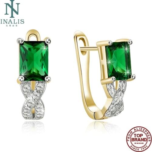 INALIS Square-Shape Stud Earrings For Women Green 5A Clear Cubic Zircon Anniversary Earring Simple Fashion Jewelry New Arrival