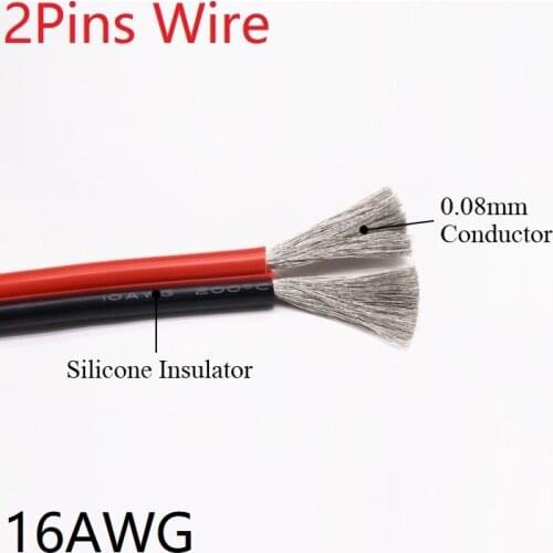 Silicone Rubber 2pins Wire 16AWG Extra Soft Insulated Double Core High Temperature Electric Cable Copper LED Lamp Line Black Red