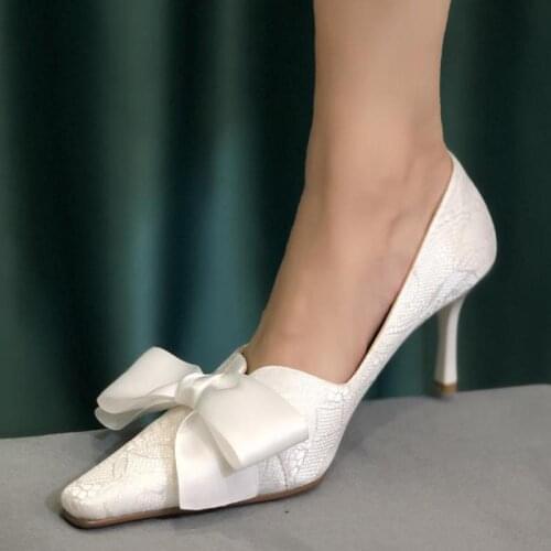 Wedding Shoes Womens High Heels Thin Heel Silk Single Shoes White Lace Bow Bridesmaid Pumps Shoes For Brides Ladies Shoe Sandal