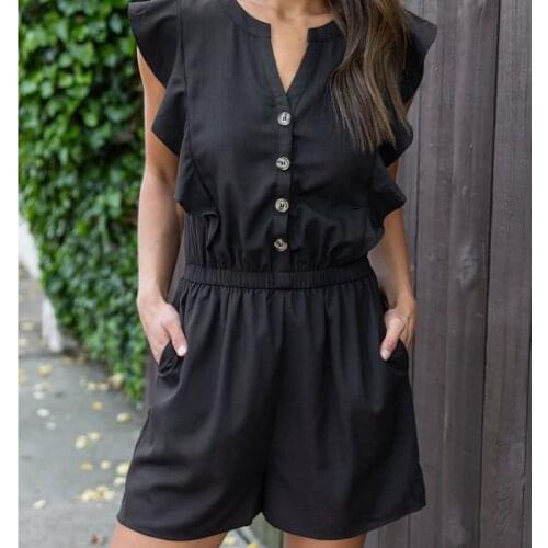 Foridol Ruffle Sleeveless Button Casual Romper Overall Women Summer Autumn Black Office Ladies Playsuit Solid Wide Leg Romper