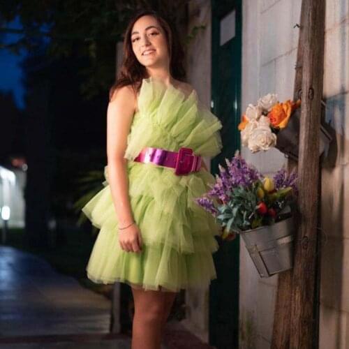 Light Green Casual Simple Women Dress Tulle Ruffle Layered Mini Dresses Strapless Birthday Party Dress Custom Made Plus Size