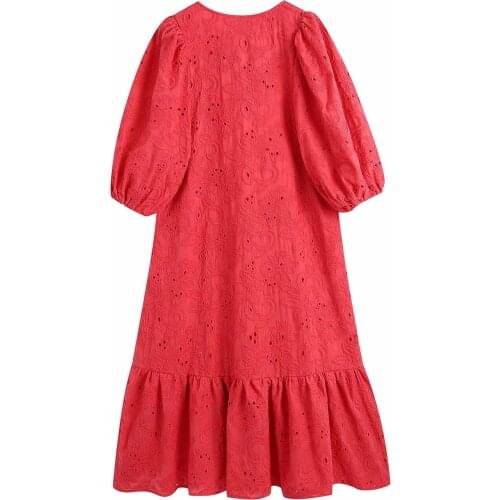 Dress Women Embroidery Hollow Out V Neck Ruffle Hem Button Loose Midi Dress Summer Casual Holiday Vestidos Mujer 2021 New