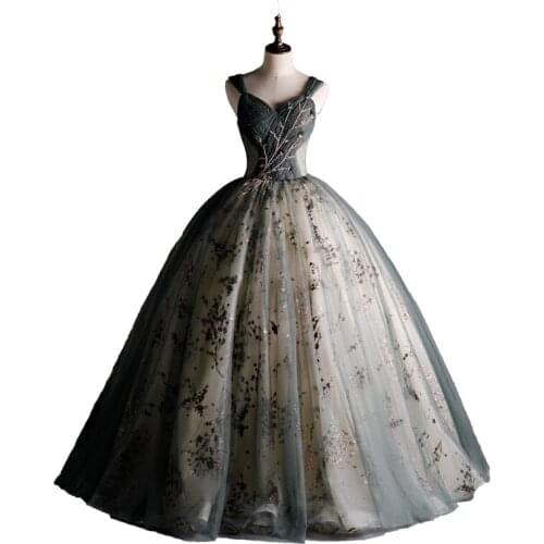100%real grey flower embroidery beading vintage ball gown royal Medieval Renaissance Victorian dress Belle ball