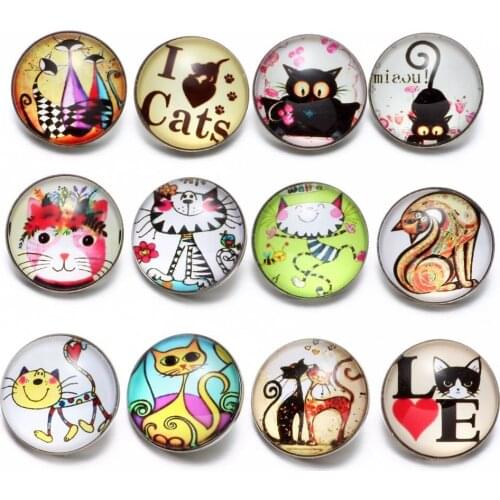 12pcs/lot I Love Cat Pattern Glass Charm 18mm Snap Button Jewelry For 18mm Snaps Bracelet Snap Jewelry KZ0545