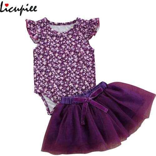 0-24 Months Print 2pcs Baby Summer Outfits Floral O-neck Ruffle Sleeves Romper + Elastic Tutu Skirt with Bowknot for Girls