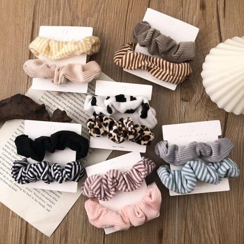 2Pcs/Set Women Retro Large Coral Fleece Leopard Hair Rope Sweet Girl Striped Hair Rope Female Fashion Hair Accessories Girl Gift