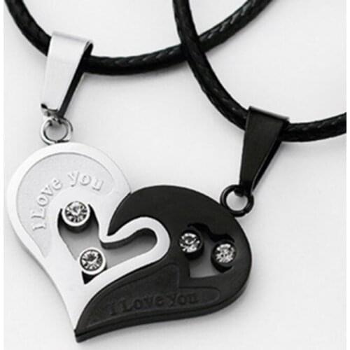 2PC Couple Heart Shape Pendant Double Color Leather Cord Stainless Steel Necklace Fashion Accessories Lovers Jewelry Gift