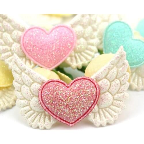 32Pcs 3.5*5cm Handmade Glitters Heart Angel Wing Padded Appliques For DIY Baby Crafts Hair Clip Headwear Decor Accessories