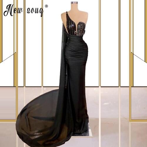 Arabic Black Beads Pearls Mermaid Evening Dress Pleated One Shoulder Dubai Formal Prom Dresses Women Wedding Party Gowns