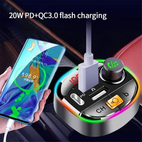 Bluetooth 5.0 FM Transmitter QC3.0+PD Fast USB Charger Adapter Wireless Car MP3 Player Handsfree Car Kit with Bass Audio Backlit
