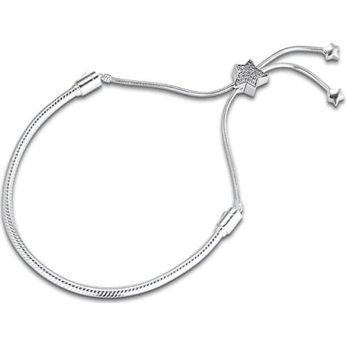 Moment Pave CZ Star & Snake Chain Sliding Bracelets for Women 925 Sterling Silver Bracelet Jewelry Adjustable Chain DIY Jewelry