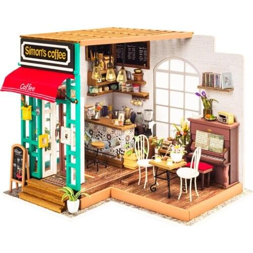 DIY Wooden Coffee Shop Dollhouse Furniture Kit with Light Miniature Accessories Doll House Casa Toys for Adults Birthday Gifts
