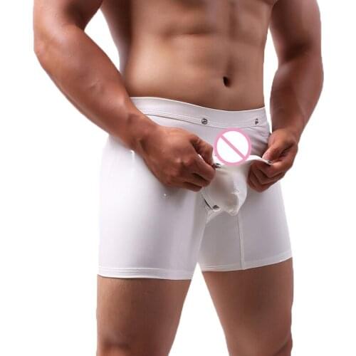 Faux Leather Long Boxer Shorts Mens PU Leather Lingerie Button Open Crotch Underwear Fitness Latex Boxershorts Gay Panties 2XL