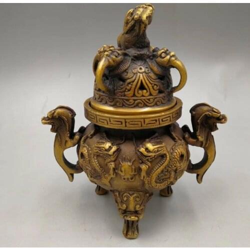 Chinese Antique Old copper hand-made three dragon Decorative incense burner