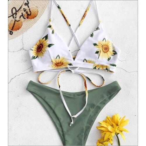 2021 Sunflower Printed Bikini Set Mujer Tanga Japanese Swimwear Beach Wear Swimming Bathers Bandage Two Pieces Bathing Suit