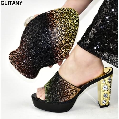 Black Color Italian Ladies Shoe and Bag Set Decorated with Rhinestone Nigerian Shoes and Bag Sets Luxury Shoes Women Designers