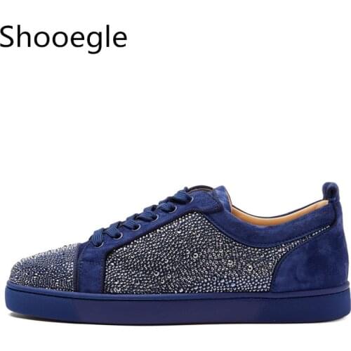 Fashion Blue Black Suede Leather Men Casual Shoes Rhinestone Sneakers Low Top Lace Up Flats Runway Chaussures Hommes