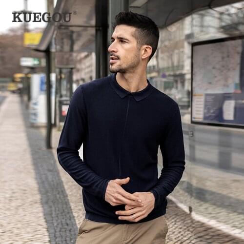 KUEGOU Solid Color Autumn Clothing Men‘s Sweater Thin Fashion Pullovers Knitted Men Sweaters Lapel Top Plus Size YYZ-2206