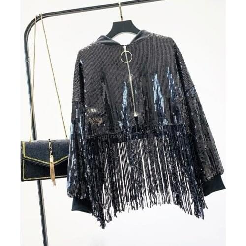 Tide Brand Spring New Sequined Embroidery Jacket Long Sleeve Oversized Short Coat Womens Loose Long Tassel Casaco Top 6 Colors