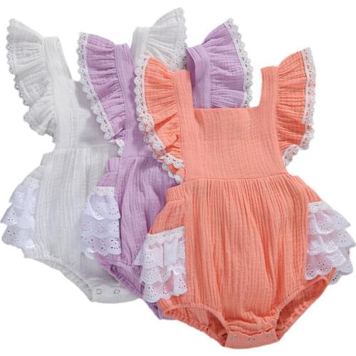0-24 M Summer Sweet And Cute Outfit Infant Neborn Baby Girl Solid Color Flying Sleeve Square Collar Shorts Romper + Bow Hairband