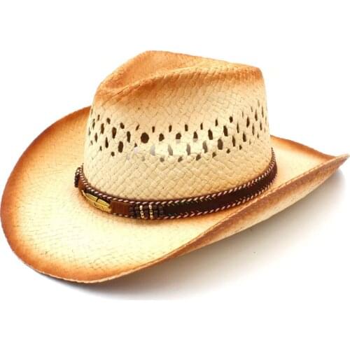 Fashion Women Men Western Cowboy Hat With Punk Leaves Band Handemade Weave Straw Beach Sun Mesh Cowgirl Sombrero Size 58CM