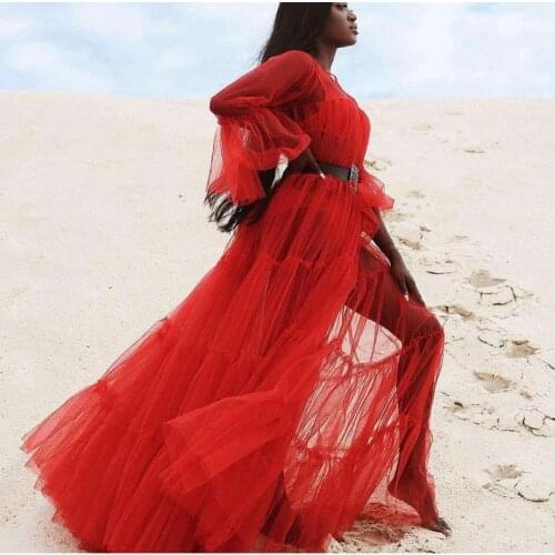 Fashion Red See Thru Tulle Robe Full Sleeves A- Line Sexy Women Dresses Tulle Maternity Robe Dress Female Outfit Clothing