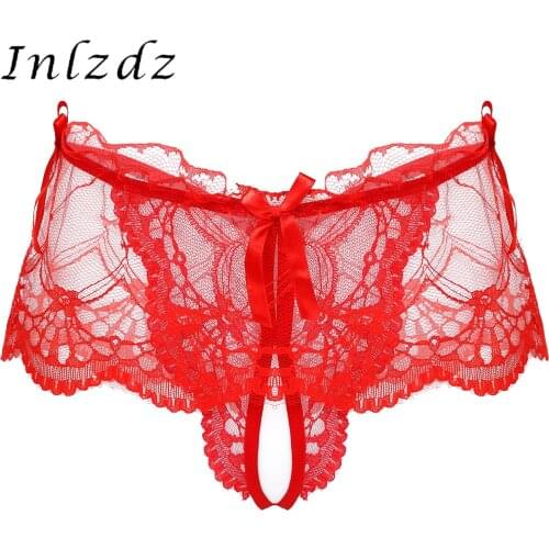 Mens Erotic Lingerie Sissy Lace Underwear See-through Crotchless Skirted Thong T-back Panties Bowknot G-string Briefs Underpants