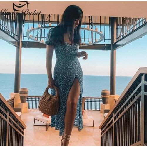 Women Summer Puff Sleeve A-Line Dress Ladies Casual Fashion Vestidos Female New High Street Floral Knee-Length Dress ML38