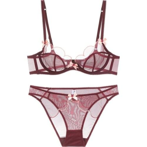 Transparent Bra Petal Shape Sexy Lingerie Set Underwire Bow Decoration Underwear Women Sexy Mesh Bra Set Seethrough