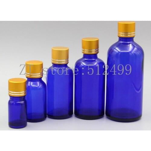 2/10pcs 5ml 10ml 15ml 20ml 30ml 50ml 100ml Empty Blue Glass Perfum Essential Oil Bottles with Gold Tangent Aluminum Cover Cap